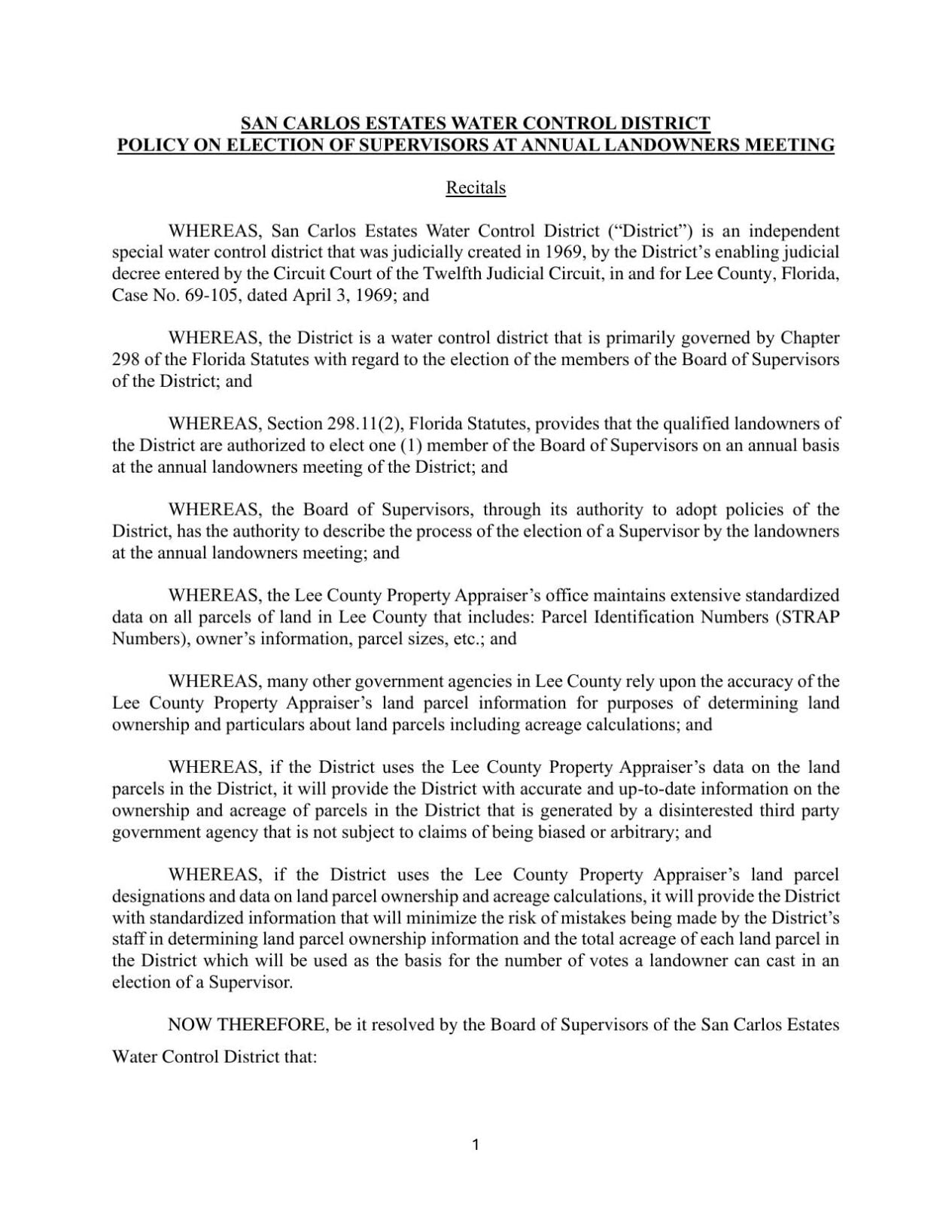 SAN CARLOS ESTATE WATER CONTROL DISTRICT POLICIES