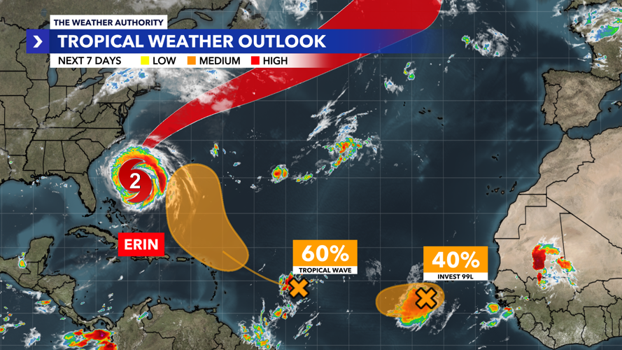Hurricane Erin continues to move along U S East Coast tracking two