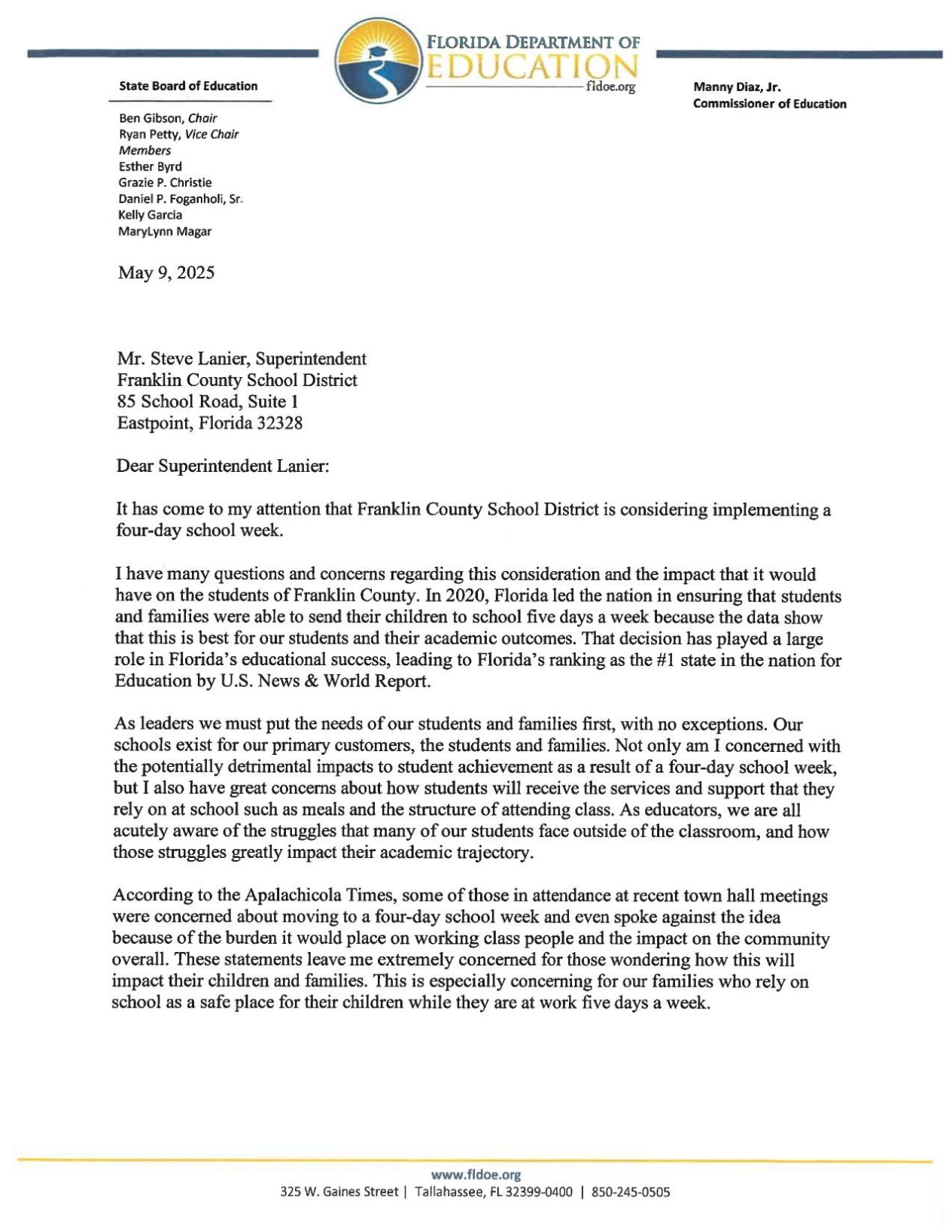 Commissioner Manny Diaz Jr. letter to Franklin County