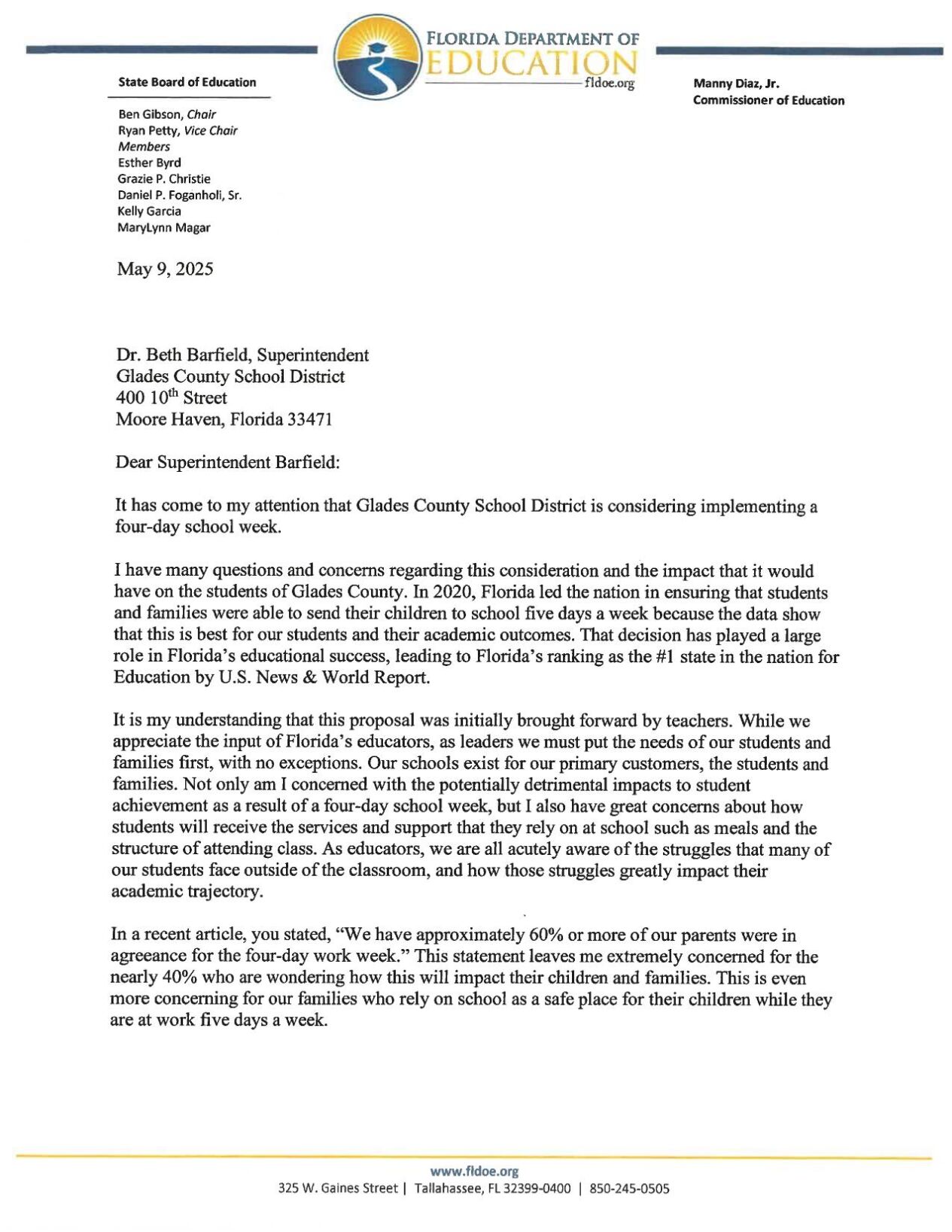Commssioner Manny Diaz Jr. letter to Glades County