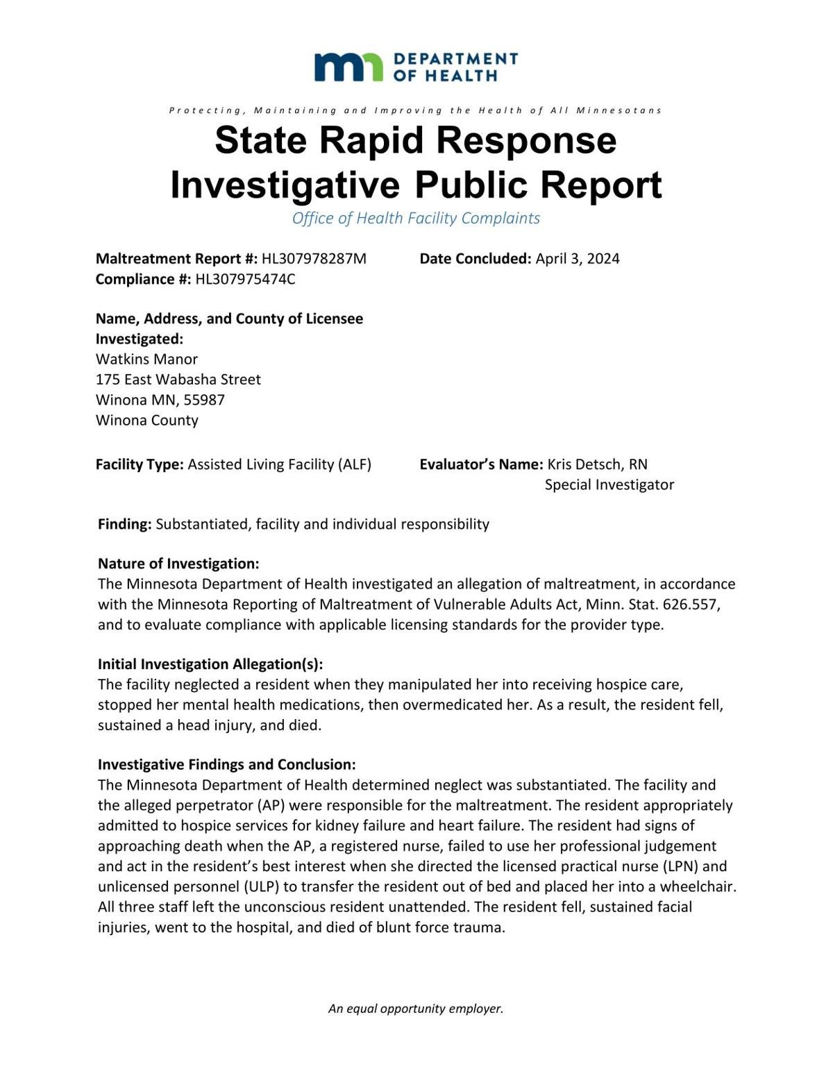 State Neglect at Watkins Manor leads to death of resident