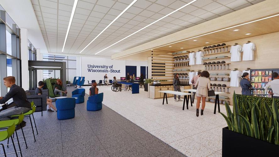 UW-Stout rec complex entrance interior rendering