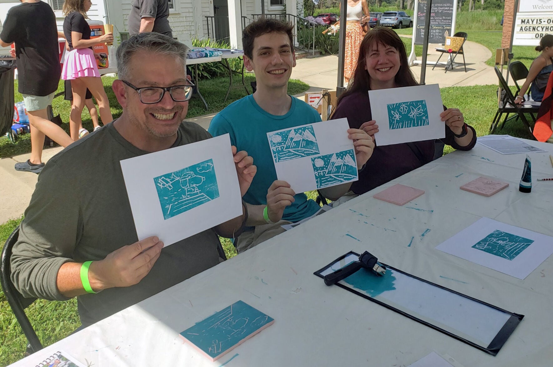 From left, Dennis Hamm, Matt Johnson, and Sharon Johnson showcase their block printing projects at 2025’s Enduring Skills Weekend. Up until 1840, wallpaper was handmade using the labor-intensive method of block printing.