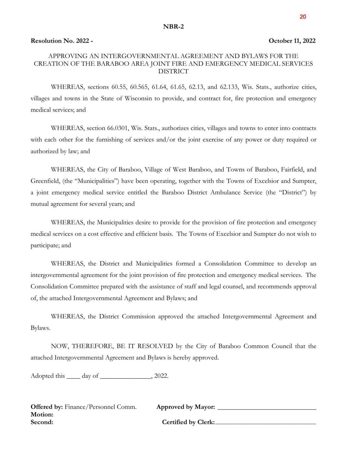 Proposed intergovernmental agreement for joint fire, ambulance district