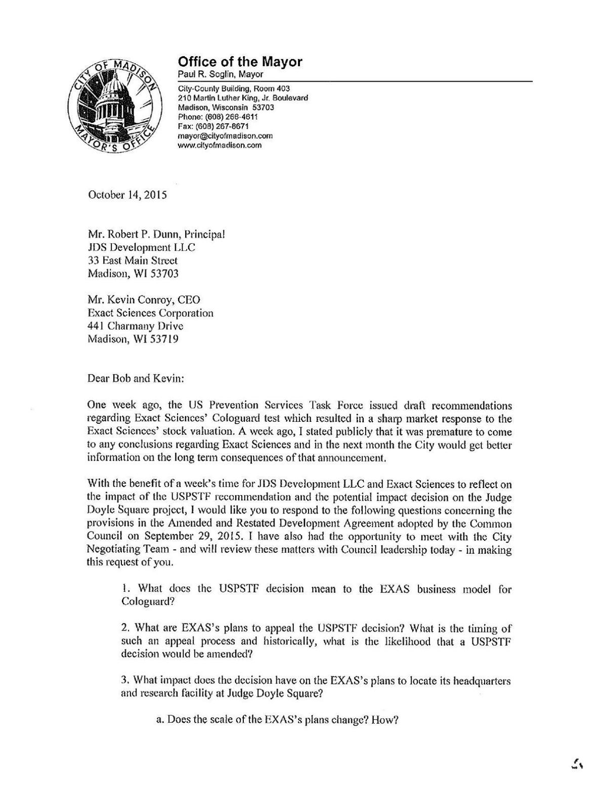 Soglin S Letter To Exact Sciences And Jds State Regional Wiscnews Com