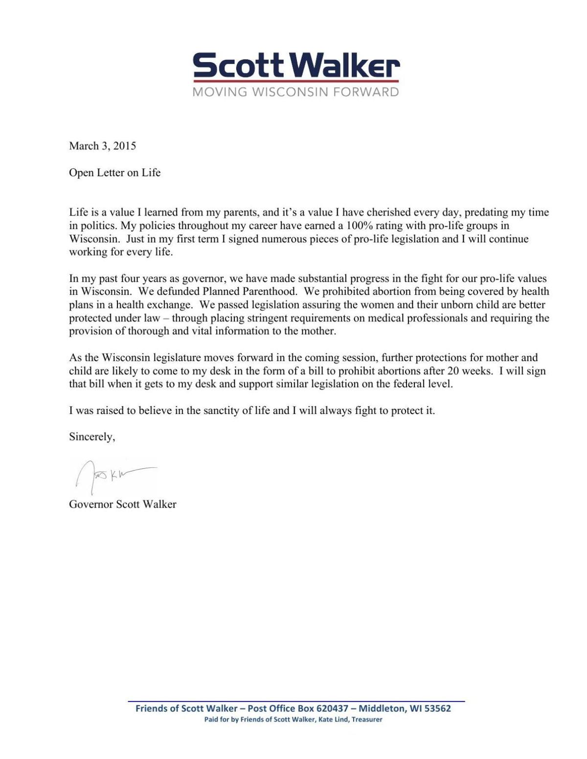 Scott Walker S Open Letter On Abortion State Regional Wiscnews Com