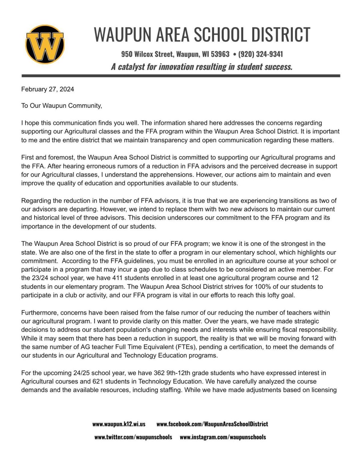 Community letter regarding ag classes