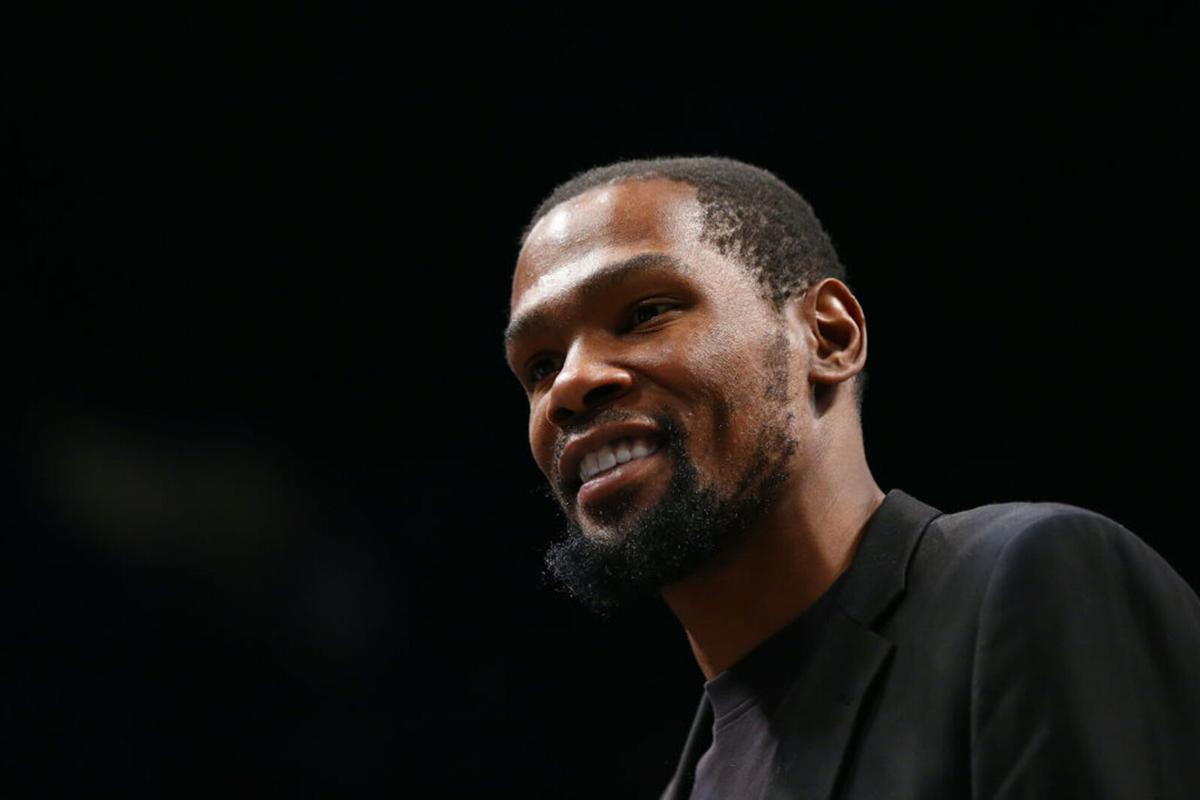 Kevin Durant #7 of the Brooklyn Nets looks on during the game against the Los Angeles Lakers at Barclays Center on January 23, 2020 in New York City.