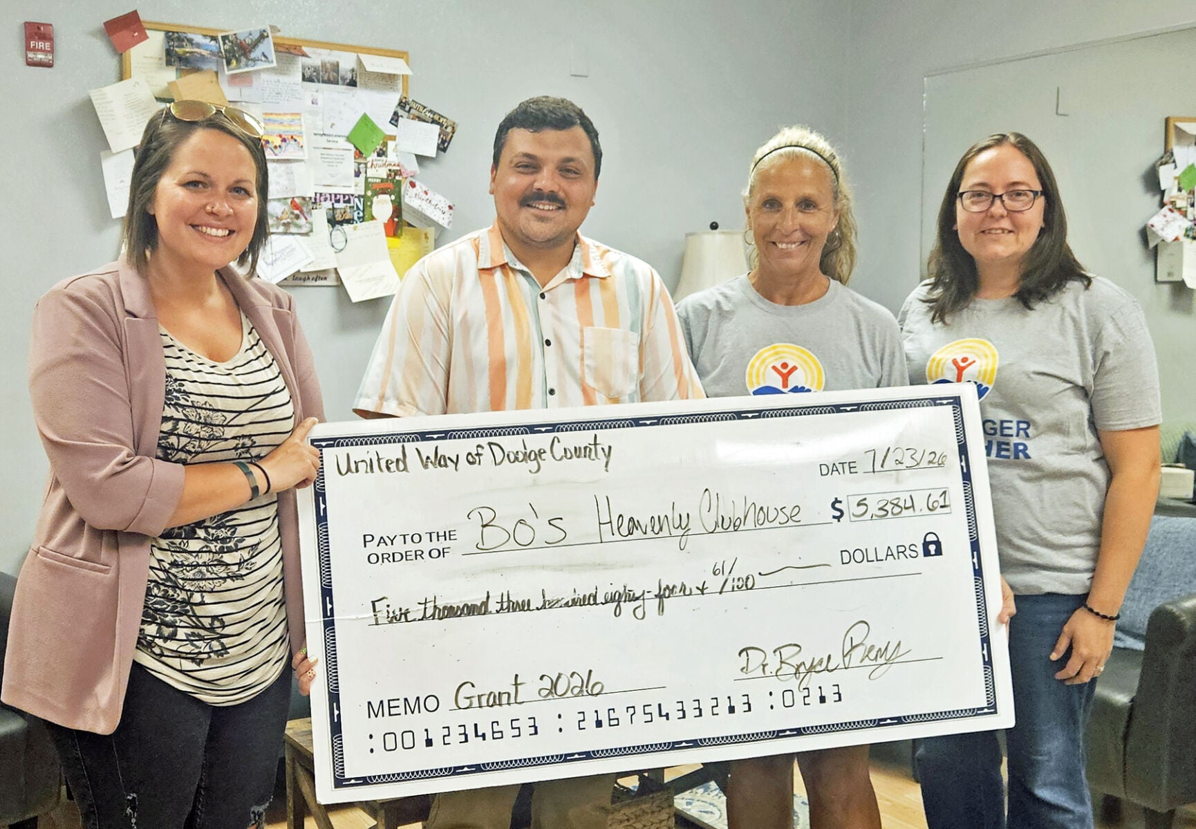 From left, Amanda Hartwig, president and founder of Bo's Heavenly Clubhouse; accepts a $5,384.61 donation from United Way of Dodge County representatives, Bryce Remy, Tammy Appel, Felicia Bruyette, on July 23.
