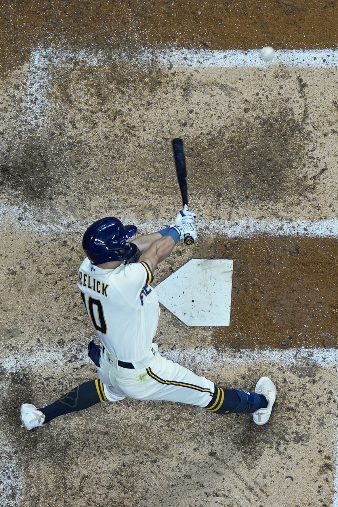 April 8, 2023: Milwaukee Brewers catcher William Contreras (24) hits a ball  during the game between the Milwaukee Brewers and the St. Louis Cardinals  at American Family Field on April 8, 2023