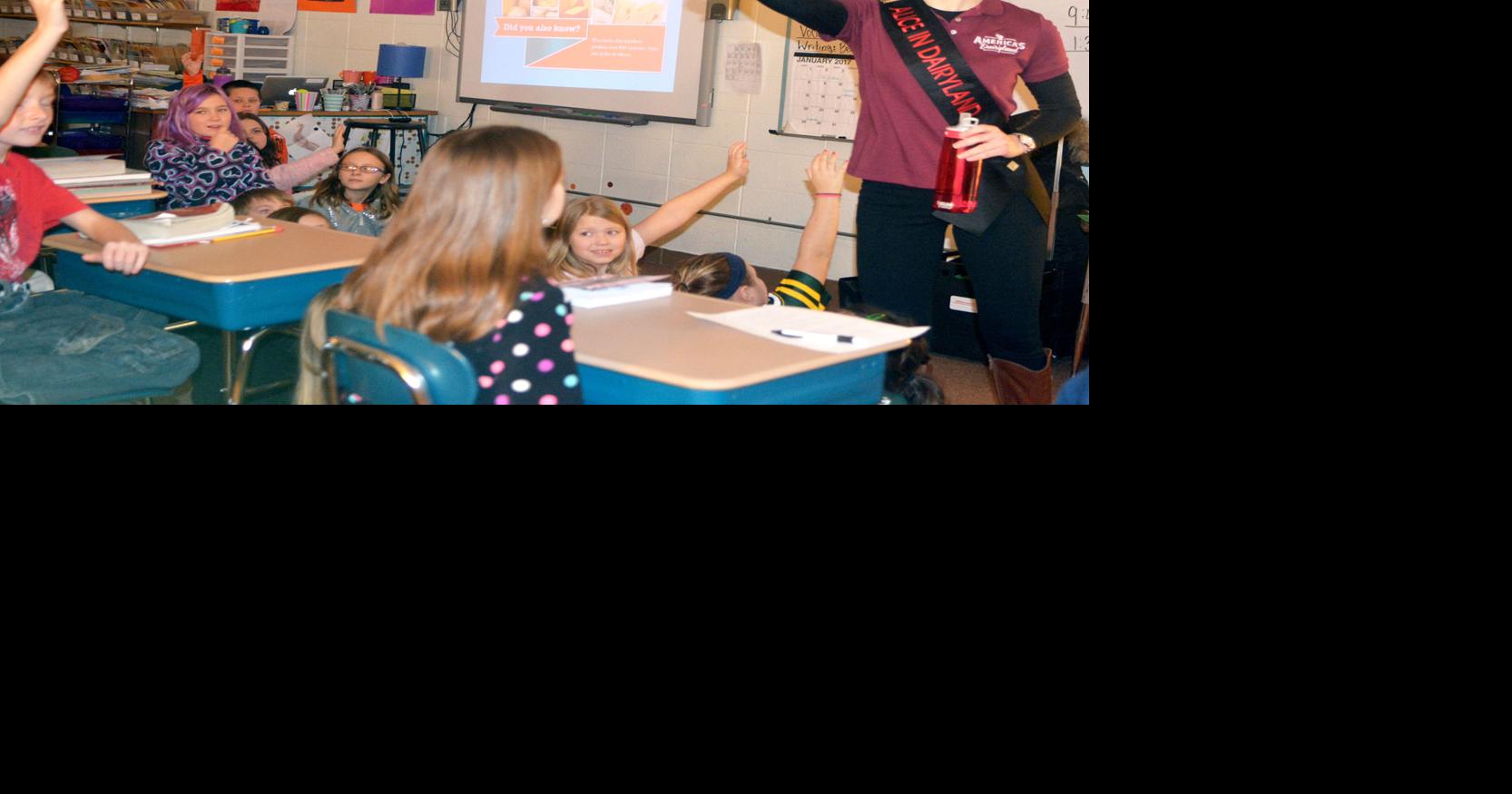 Alice in Dairyland shares ag facts with Portage elementary students