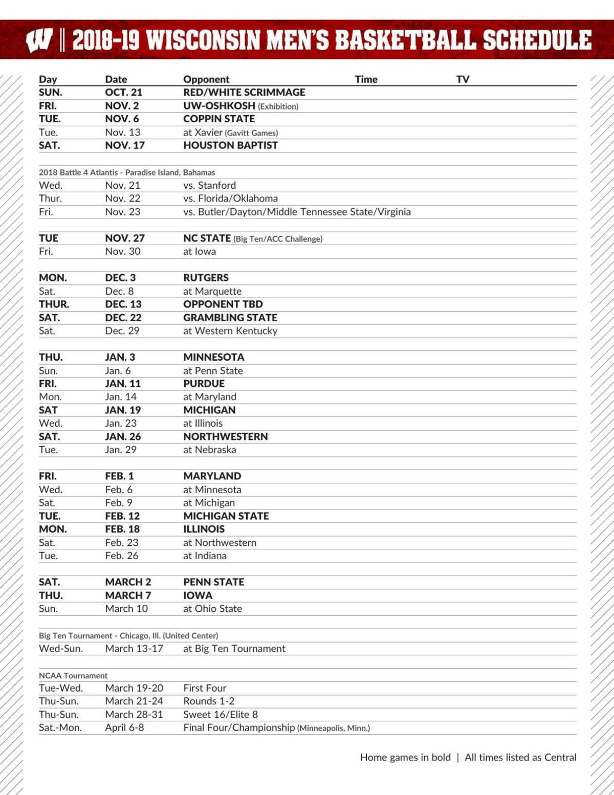 Printable Badger Basketball Schedule