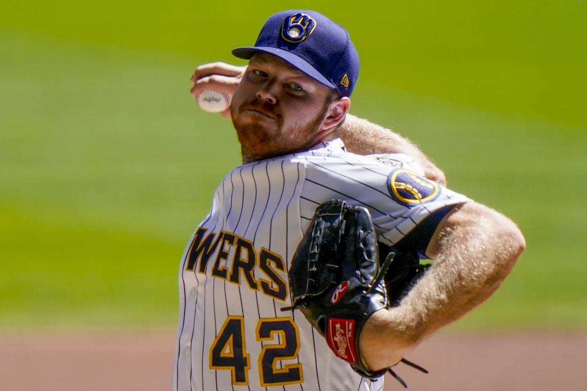 MILWAUKEE, WI - APRIL 16: Milwaukee Brewers relief pitcher Angel Perdomo  (47) throws during a game between the Milwaukee Brewers and the Pittsburgh  Pirates on April 16, 2021 at American Family Field