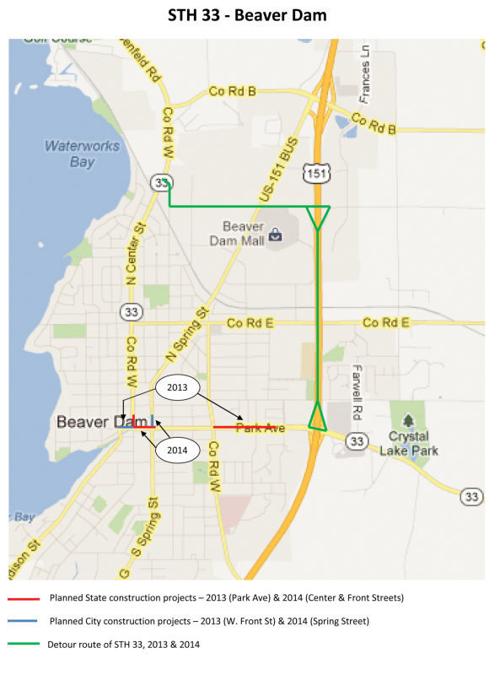 Hwy 33 detour map in Beaver Dam