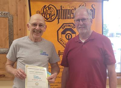 Andy Arntsen of Sauk Prairie Kids Companion and Dick McFarlane, Optimist Member at the June 3 Optimist Club meeting.