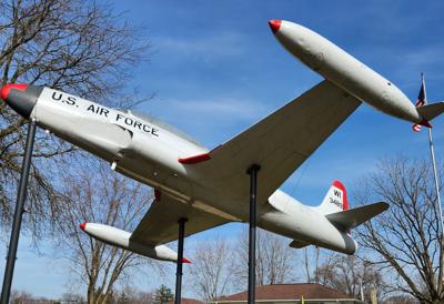 This Lockheed T-33A Shooting Star, an American jet trainer aircraft, is on display at the Fall River Village Park, and has been for the last 56 years.