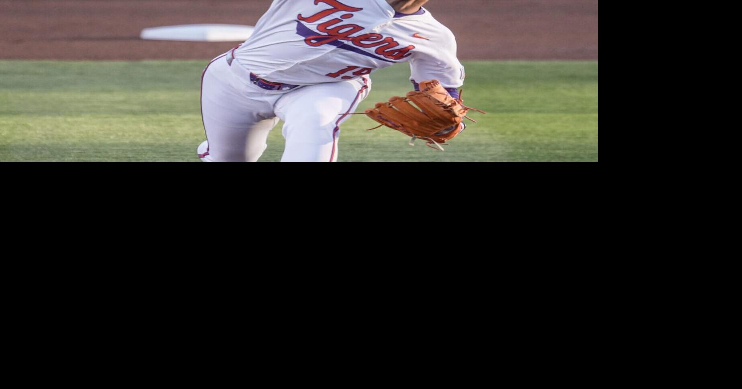 Clemson pitcher Aidan Knaak (19) pitches to Georgia Tech during the top of the first inning at Doug Kingsmore Stadium in Clemson, S.C. Thursday, March 12, 2026.