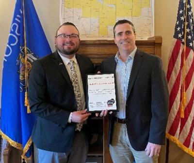 Rep. Alex Dallman, left, with Wisconsin Towns Association lobbyist Larry Konopacki on July 19.