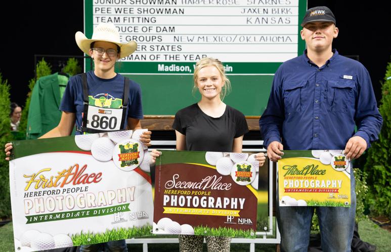 Intermediate photography contest Hereford people division winners, from left, Aubrey Wynn of Pardeeville, first-place; Tymber Billman of Rigby, Idaho, second-place; Nolan Lee of Wellington, Illinois, third-place on July 8.