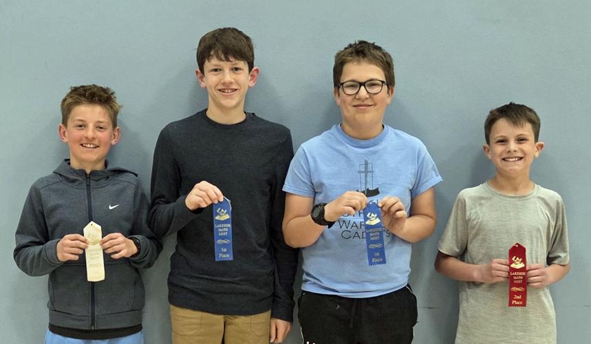 Individual sixth grade winners at the Lakeside Lutheran elementary math meet April 29 include, from left, Hudson Enter, Eastside, Madison, third-place; Evan Hirschfeld, St John’s, Juneau, tied for first; Adam Dobberstein, St. Paul, Lake Mills, tied for first; Rigsby Schwartzmiller, St. John’s, Watertown, second.