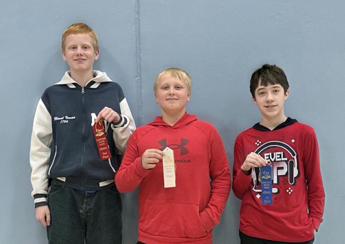 Individual seventh grade winners at the Lakeside Lutheran elementary math meet April 29 include, from left, Seth Reis, St. Stephen’s, Beaver Dam, second-place; Ethan Fortman, St. Mark’s, Watertown, third; Joel Onsager, Eastside, Madison, first.