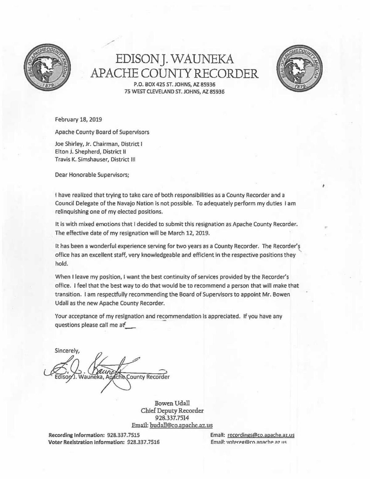 Wauneka Resignation Letter Wmicentral Com