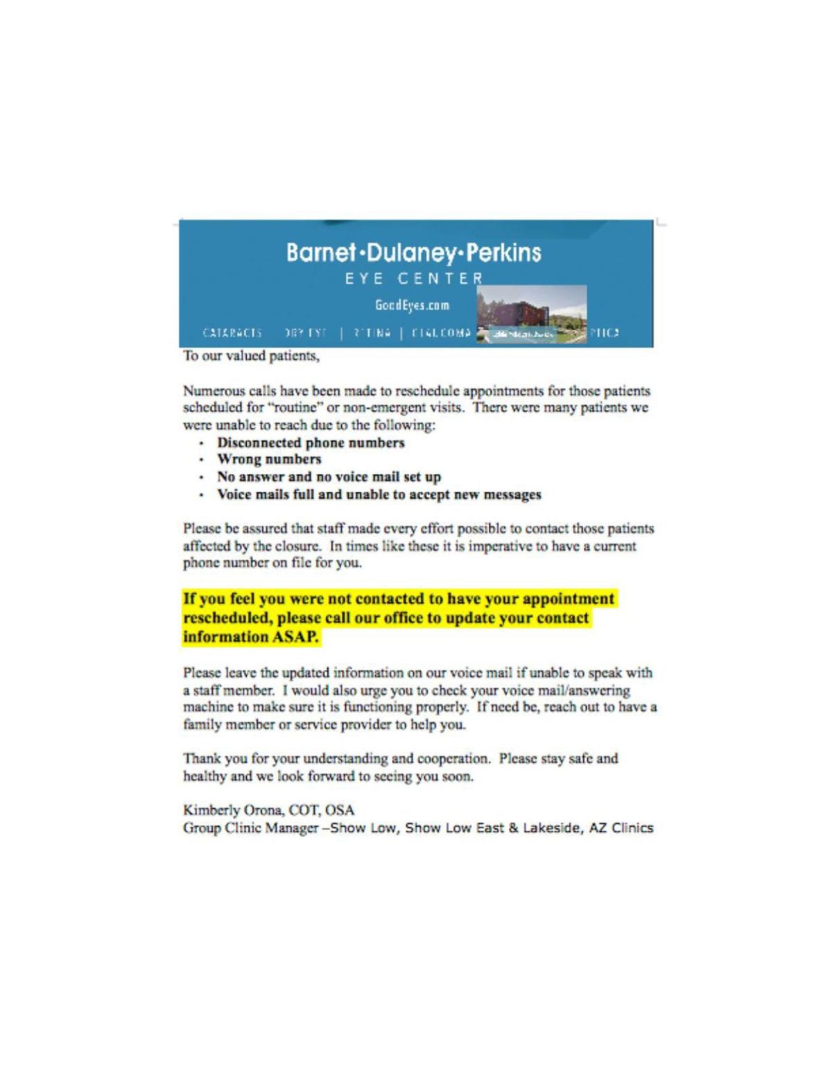 Barnet Dulaney Perkins Notice To Patients Covid 19 Wmicentral Com