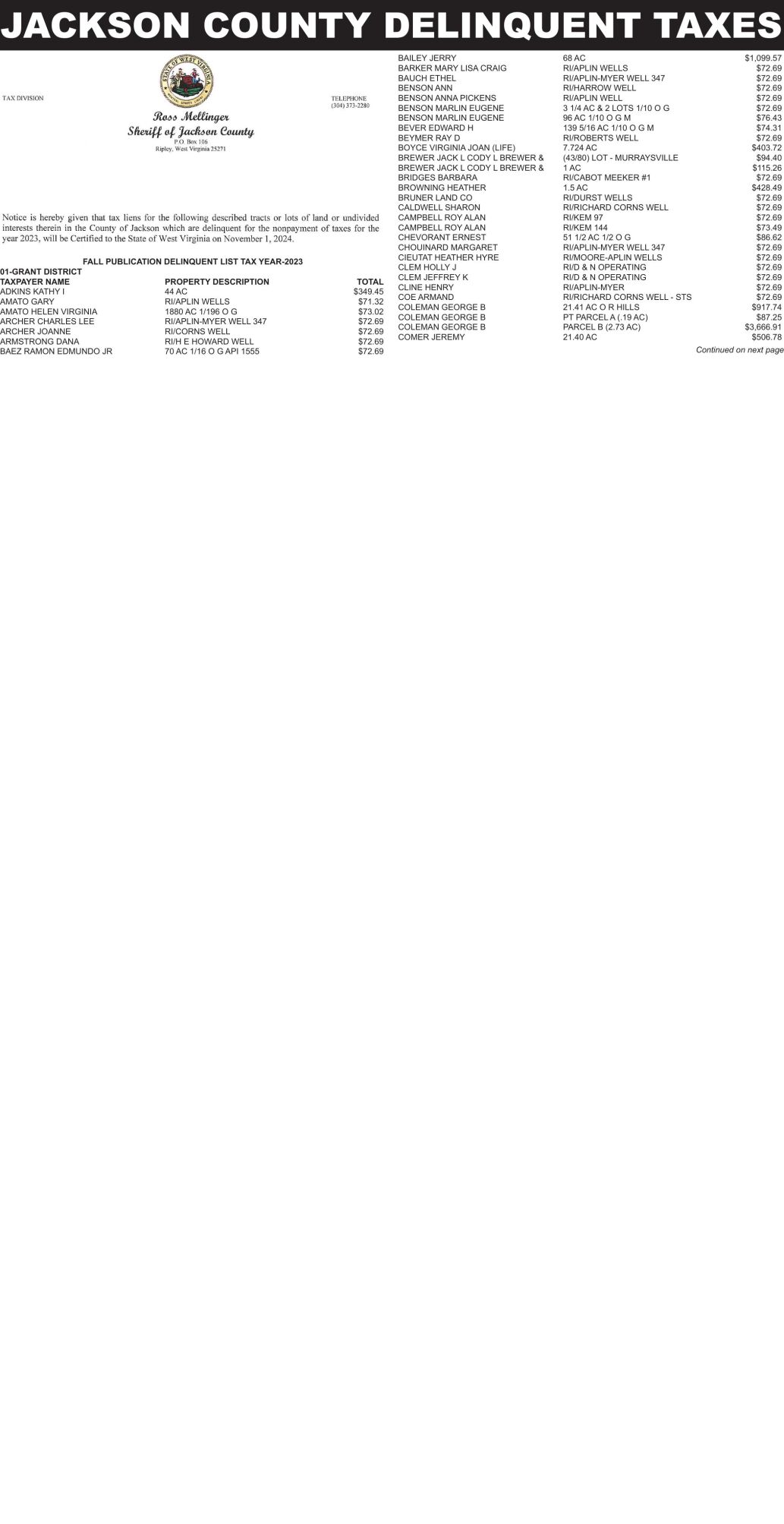 2024 Fall Jackson Delinquent Taxes | LegalsJacksonHerald | wvnews.com