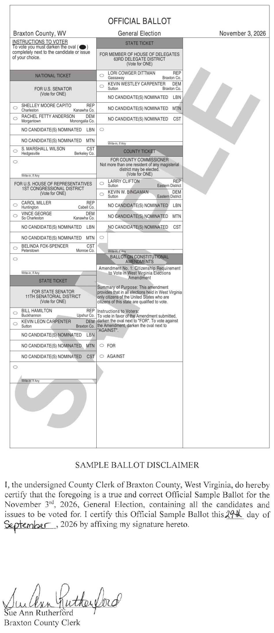 Braxton General Election Sample Ballot | LegalsCitizen | wvnews.com
