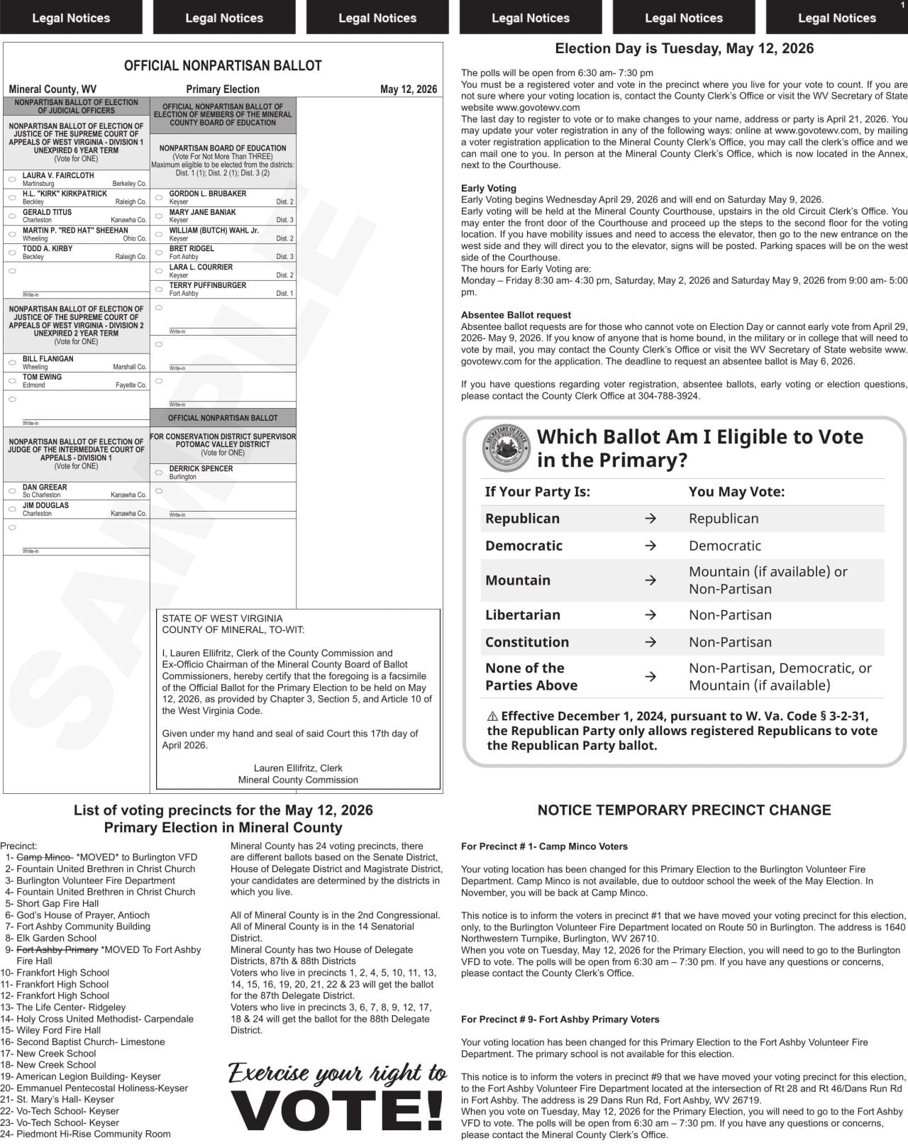 2026 Primary Mineral Sample Ballot | LegalsMineralTribune | wvnews.com