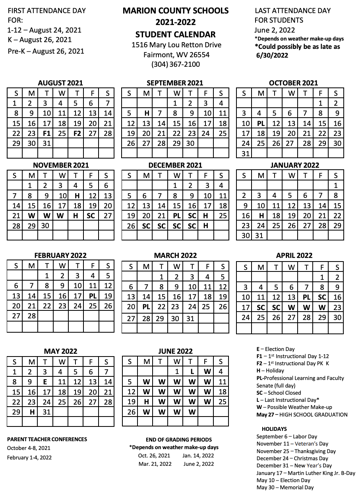 Sierra College Calendar 2022 Marion County Schools Academic Calendar 2021-22 | Fairmont News | Wvnews.com