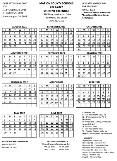 Marion County Schools Academic Calendar 2021 22 News Wvnews Com