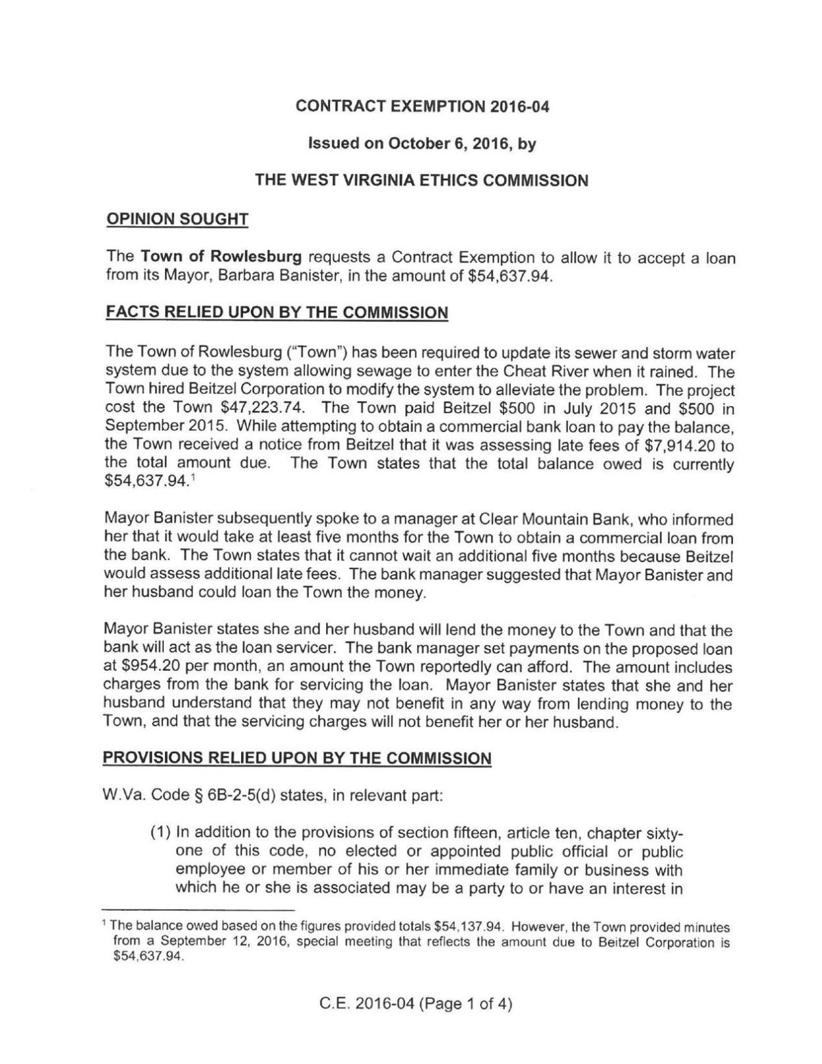 of formed a conduct the contract the parties by 10 Contract 16 06 issued WV Commission Exemption Ethics