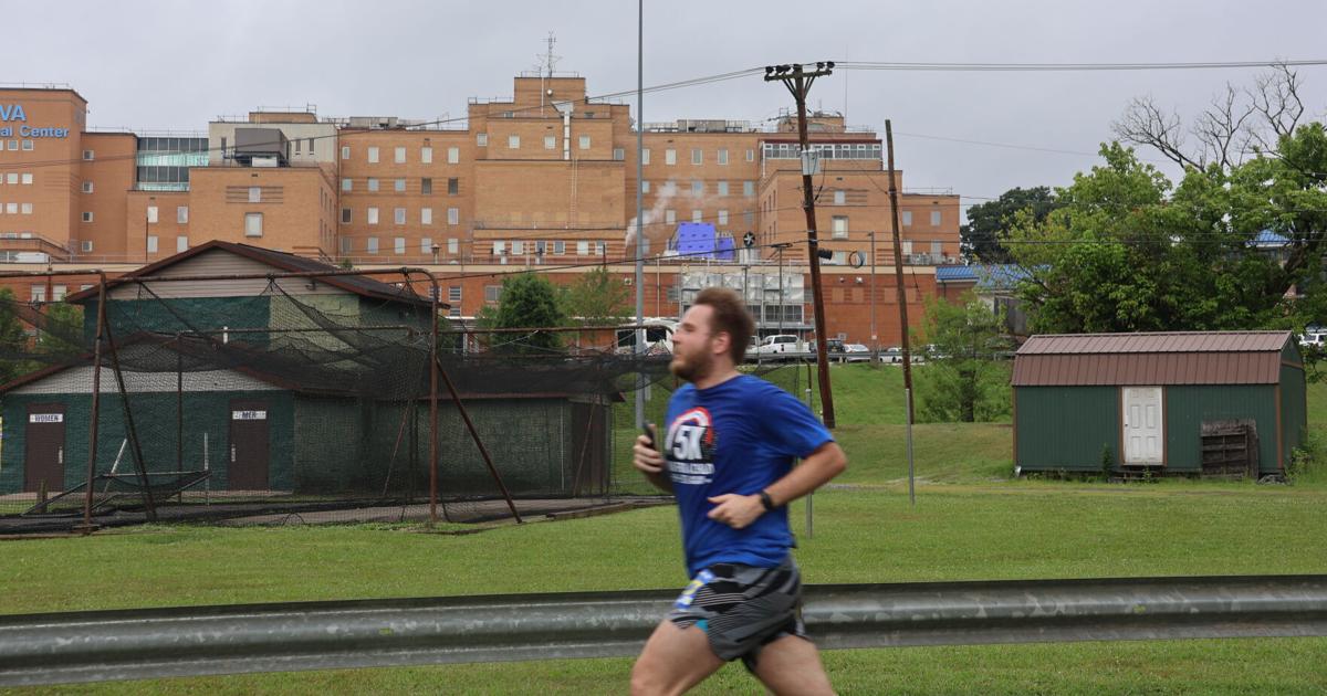 VA hospital in the background