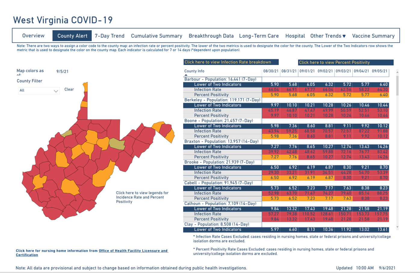 West Virginia COVID-19 County Alert Map, 9-6-2021