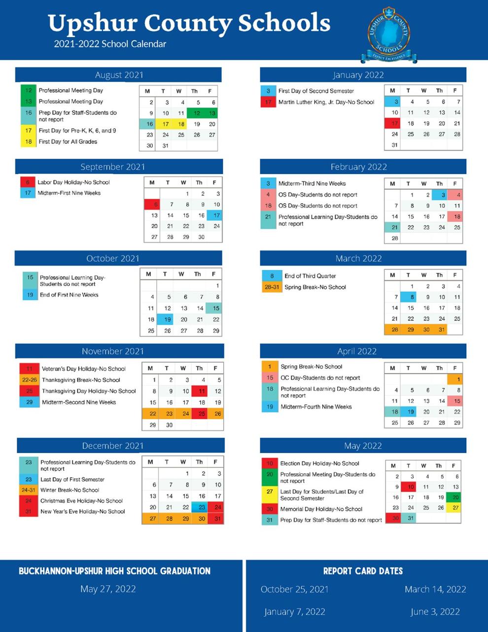 Upshur County Schools Academic Calendar 2021 22 WV News wvnews com