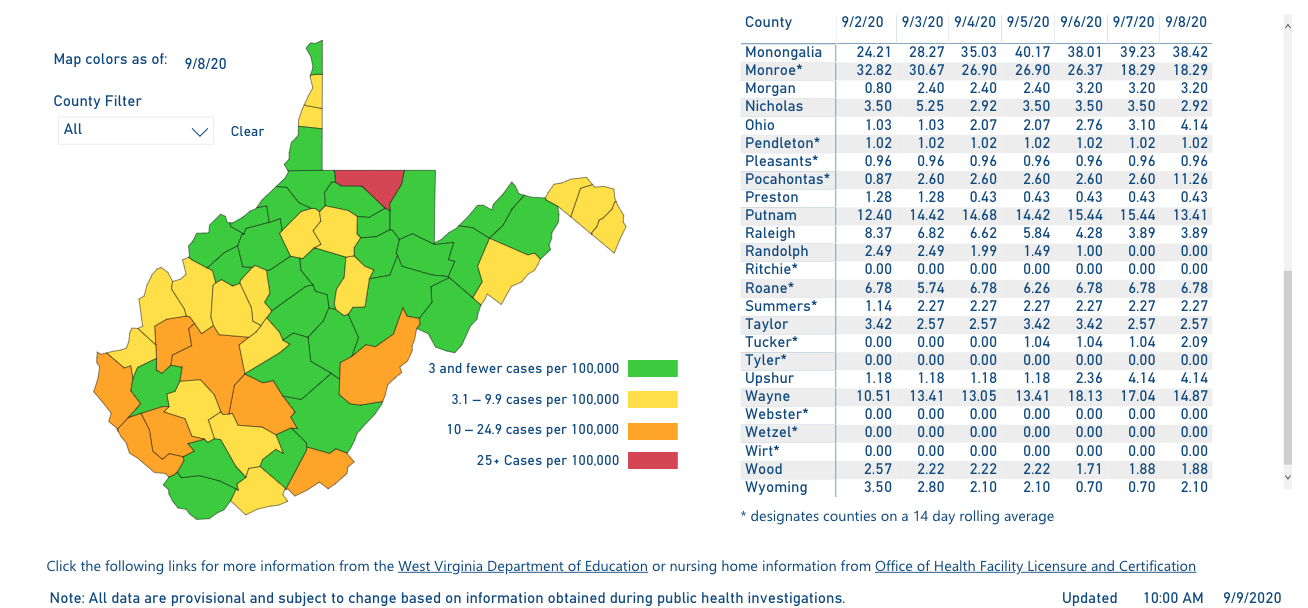 West Virginia Color Coded Map To Be Released At 5 P M On Saturdays Dhhr Reports Death Toll Now 254 Wv News Wvnews Com