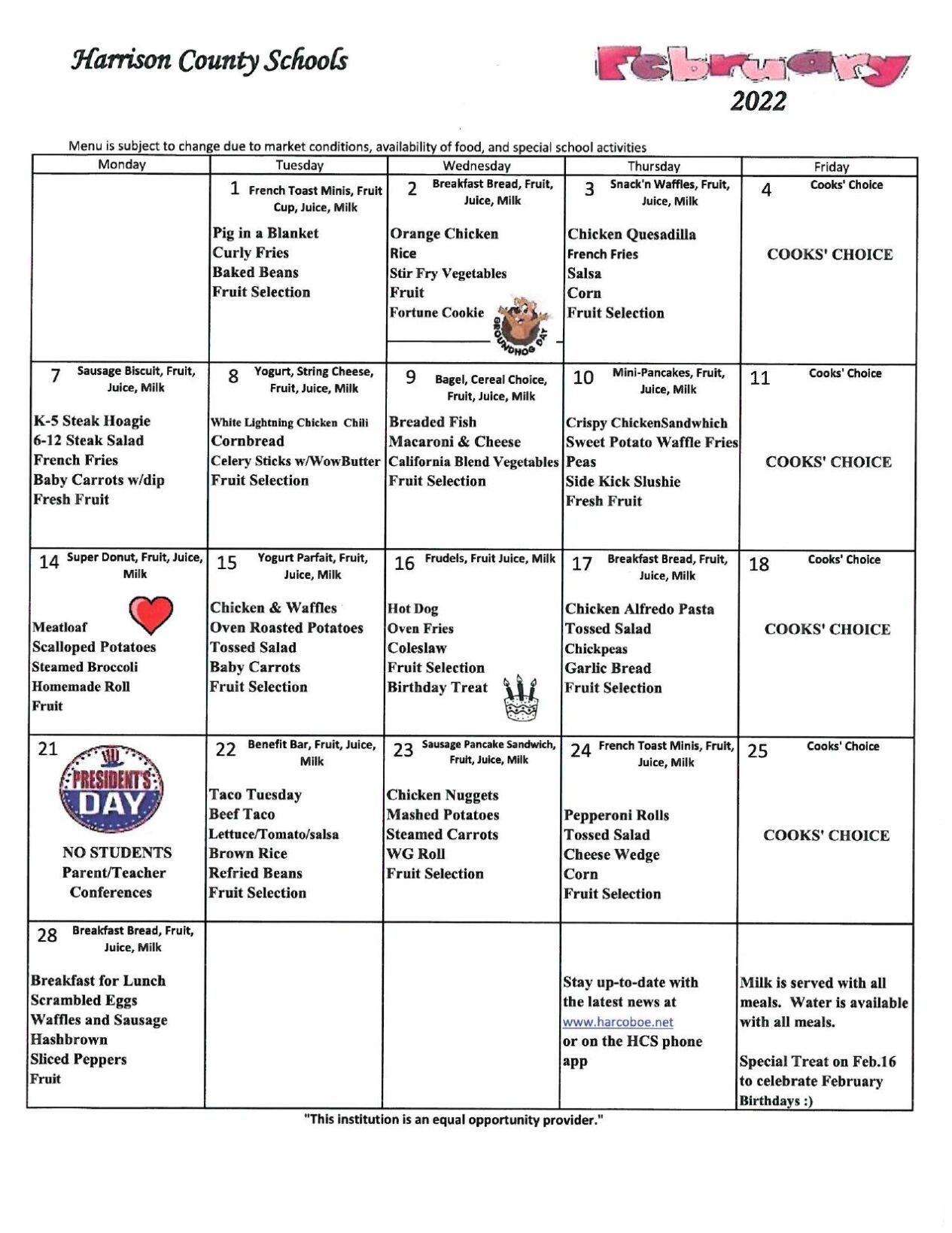 Harrison County Schools menu for February
