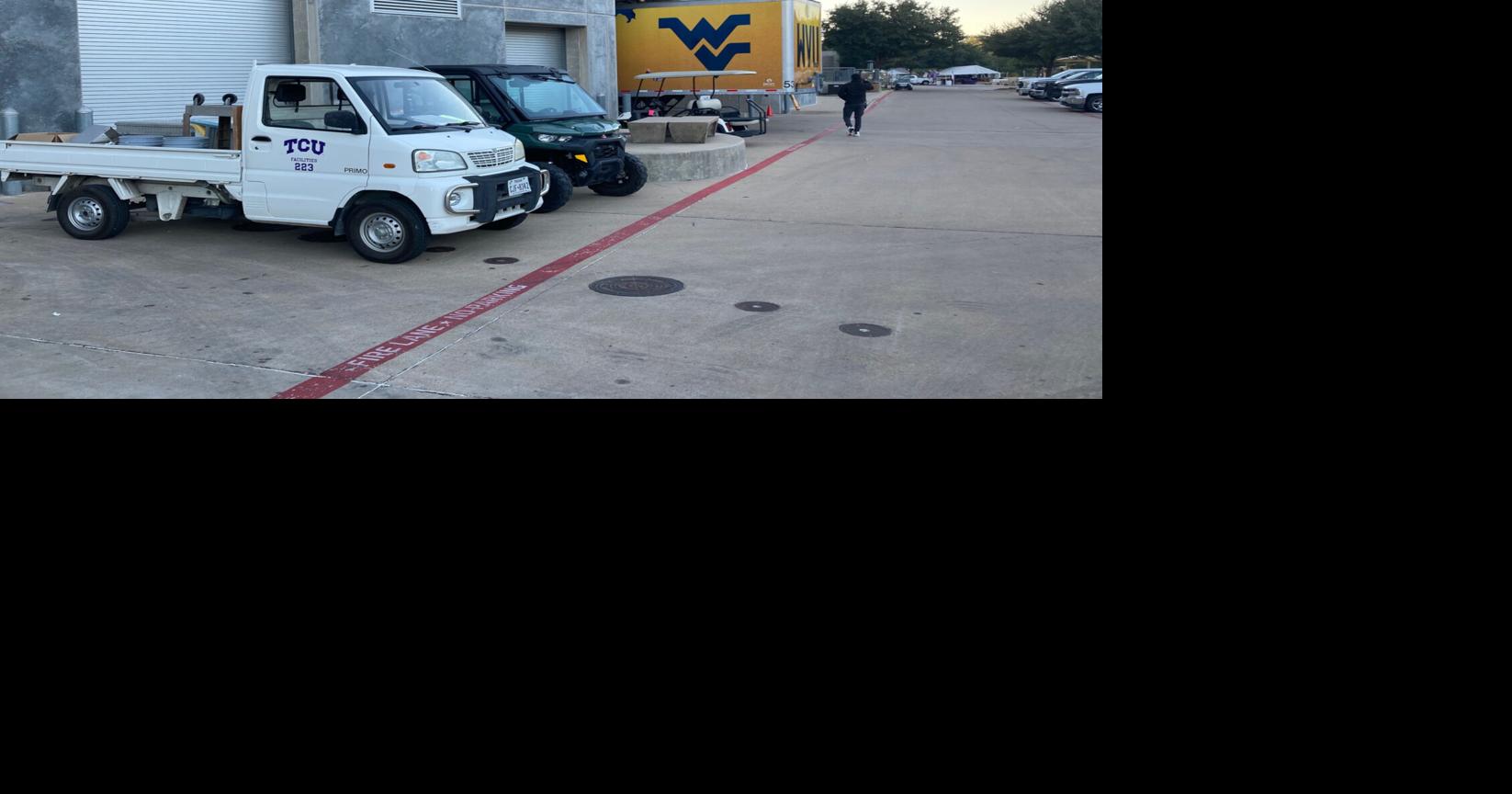WVU FB 1024 WVU trailer at TCU wide shot front