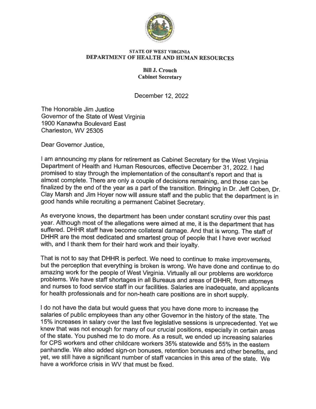 Secretary Bill Crouch - Retirement Letter