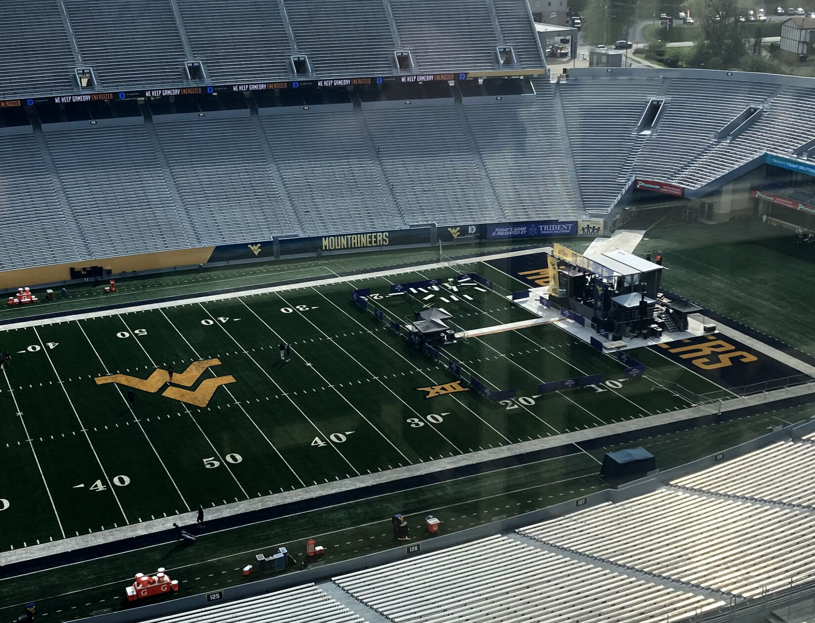 0418 WVU football press box view Jake Owen stage front | West