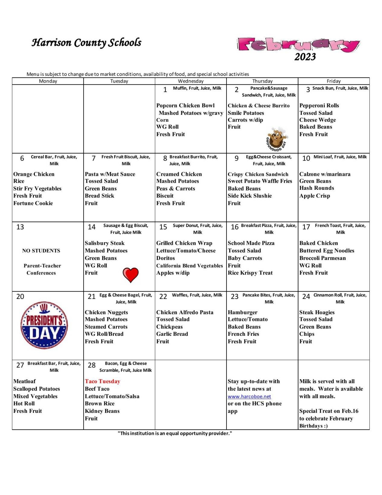 February lunch menus for Harrison County Schools