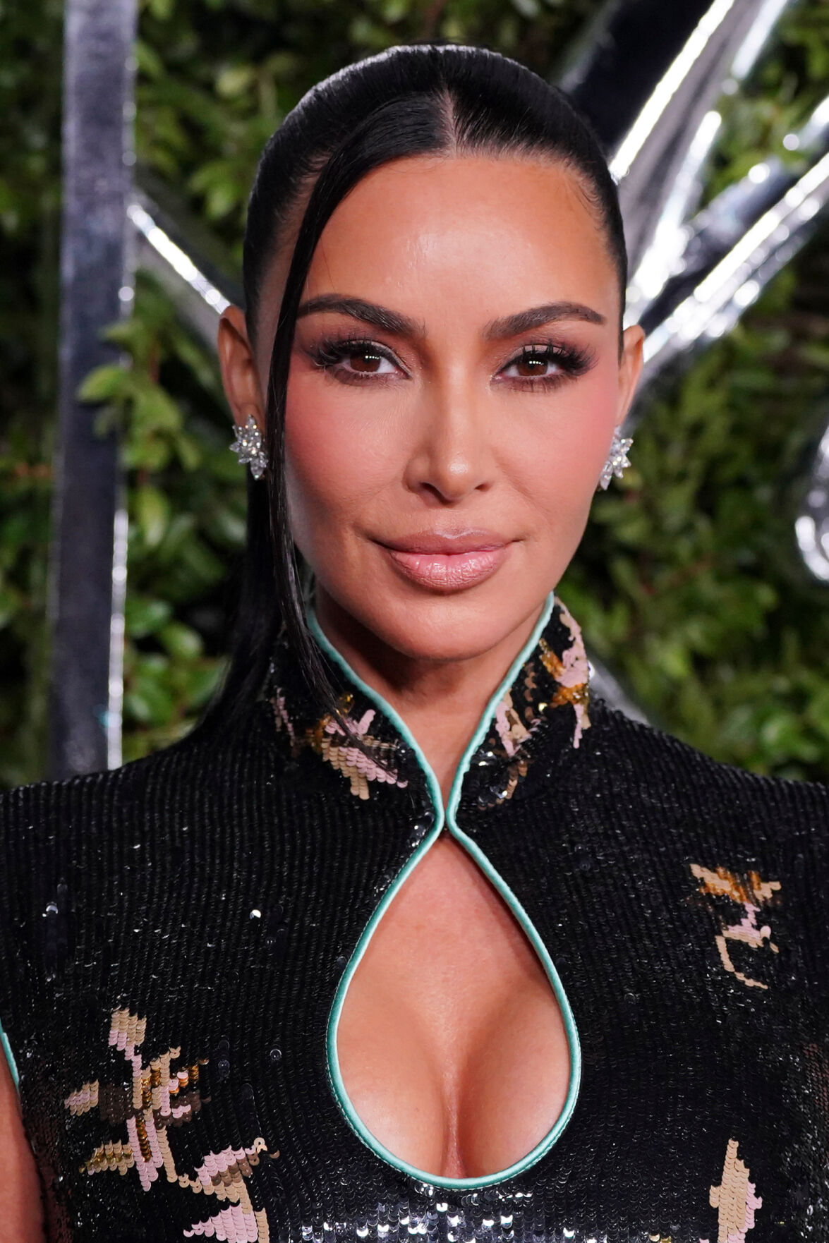 Kim Kardashian wearing a black sequined vintage Saint Laurent gown at the Lucas Museum of Narrative Art opening-night celebration