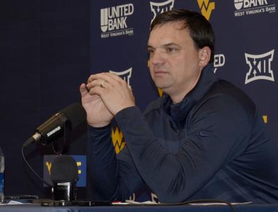 WVU football 0321 Neal Brown presser from side front