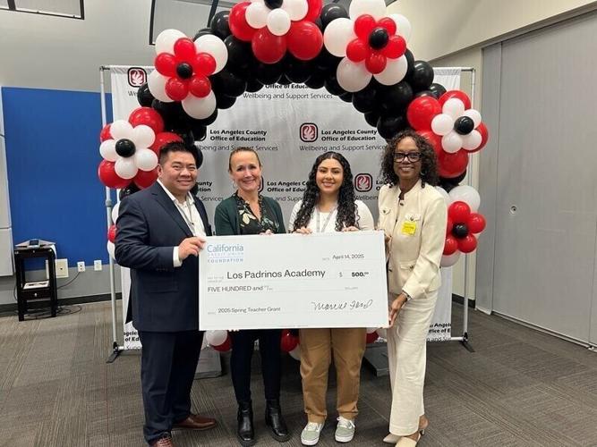 (L/R) Los Padrinos Academy Teacher Grant Recipient Tam Nguyen, Masters in Social Work Interns Jennifer Tokaji and Yvette Hernandez-Diaz, and Marvel Ford, President, California Credit Union Foundation, during a check presentation for the 2025 California ...
