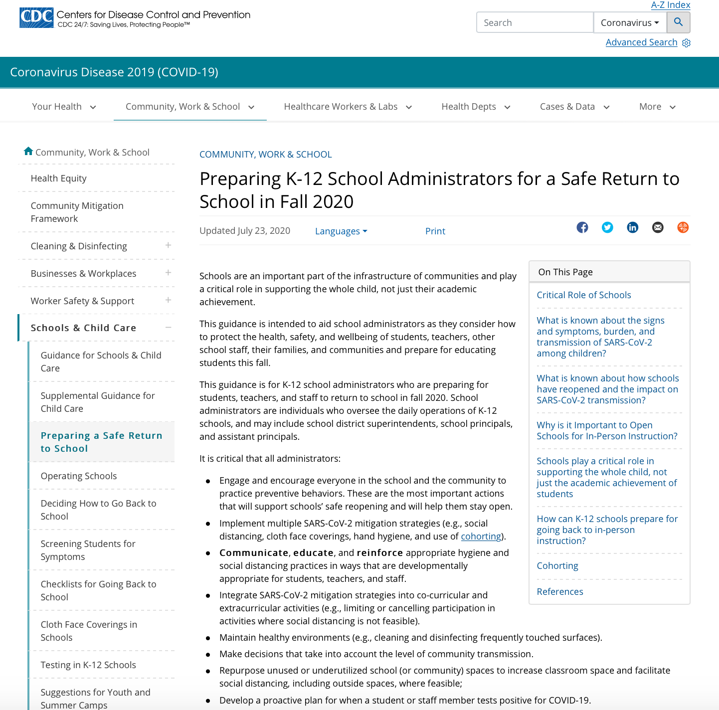 cdc guidance for schools