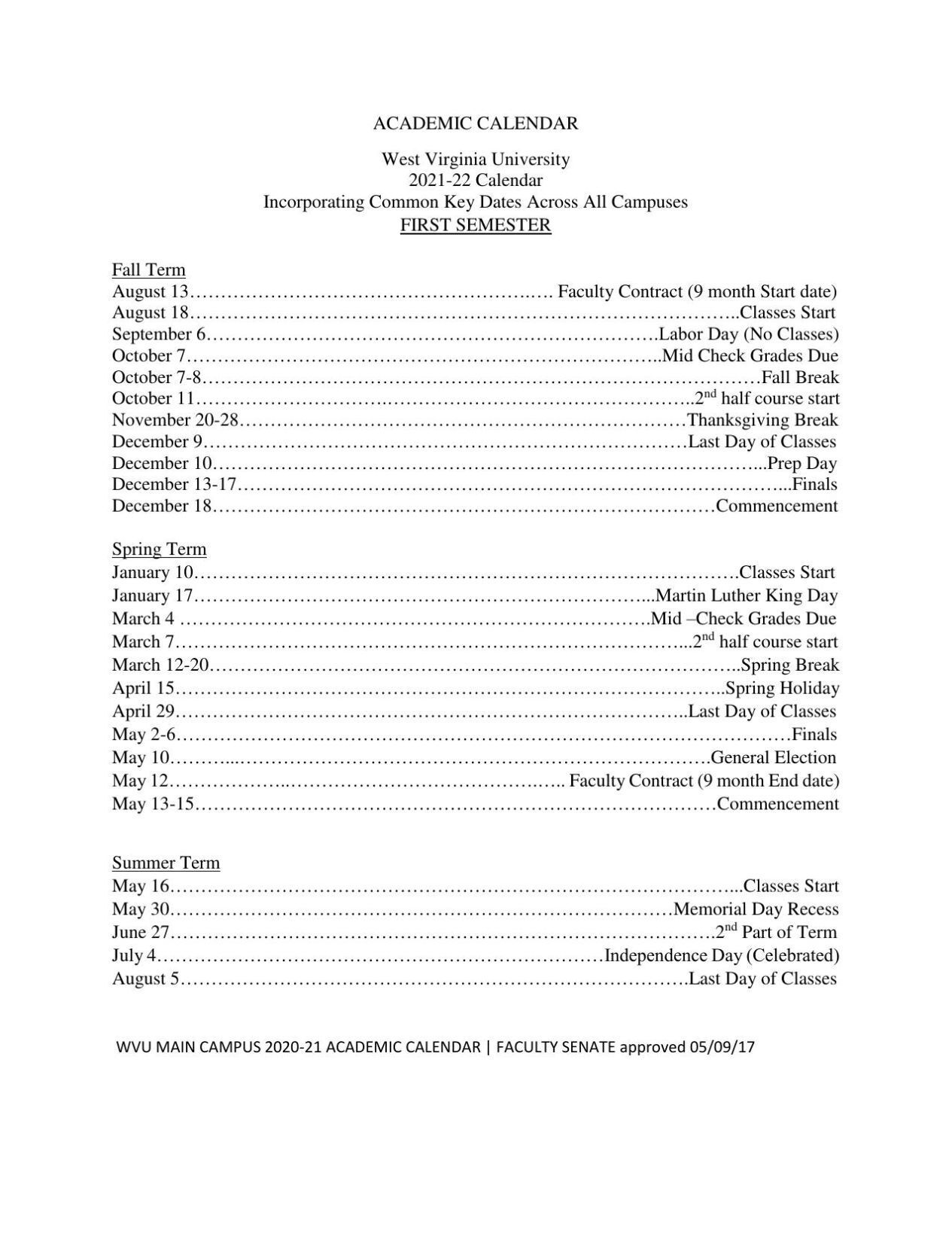 WVU 2021-22 Academic Calendar | | wvnews.com