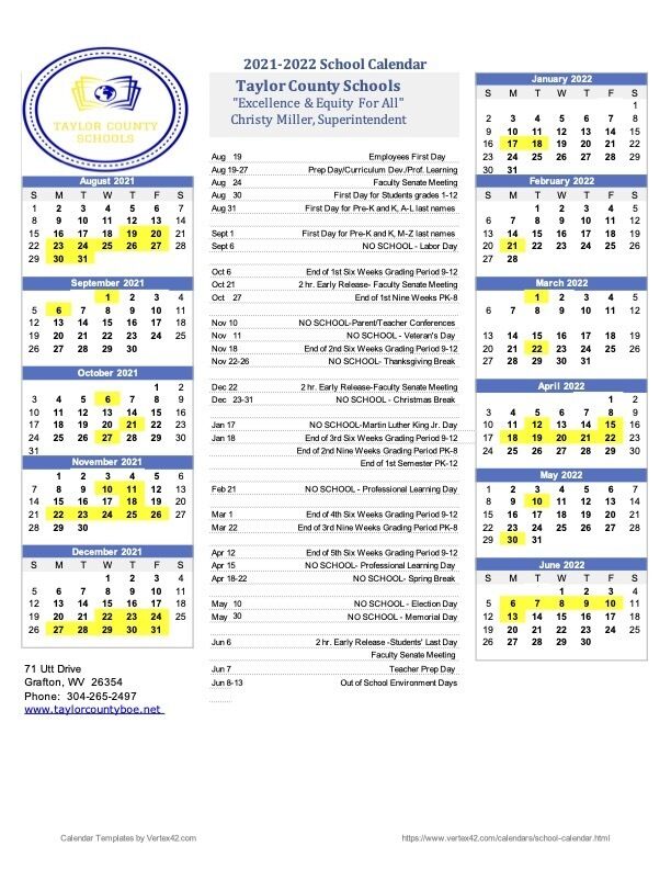 Taylor County Schools Academic Calendar 2021-22 | WV News | wvnews.com