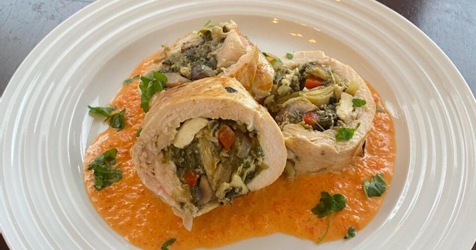 Mediterranean Chicken Roulade with Red Pepper Sauce | Bon Appetit ...