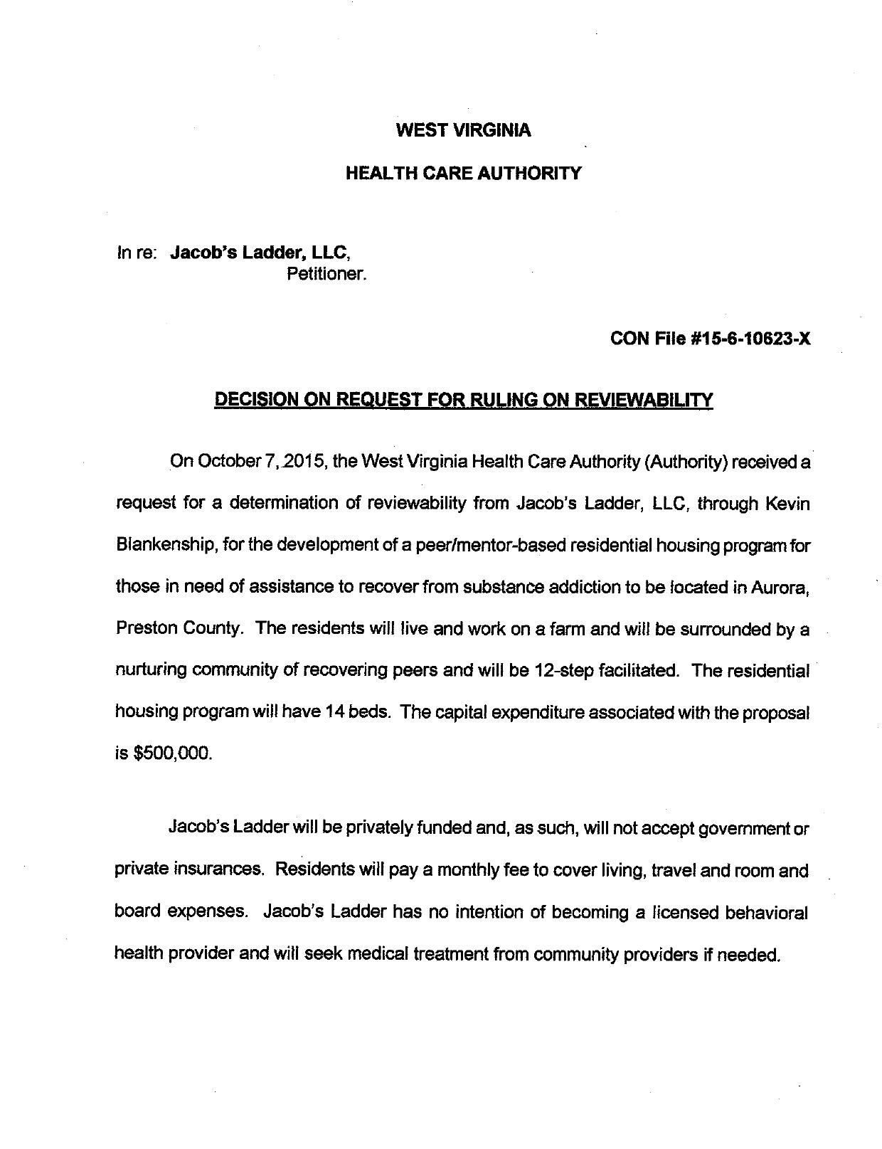 West Virginia Health Care Authority Decision on Request for Ruling on